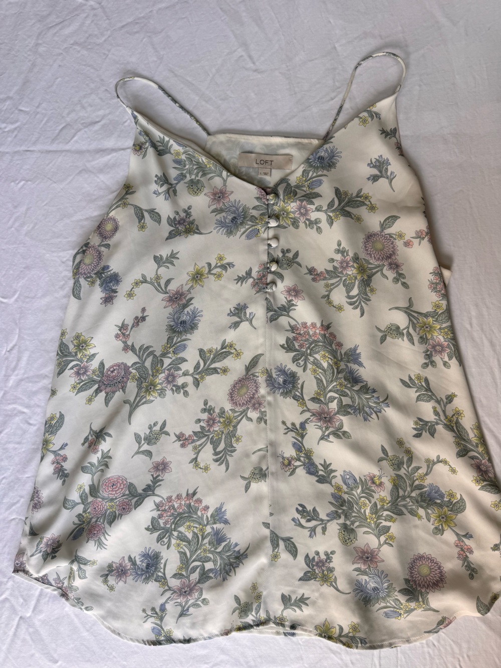 LOFT Cream Floral Slip Top with Pastel Pink, Blue, Yellow, and Green Flowers
